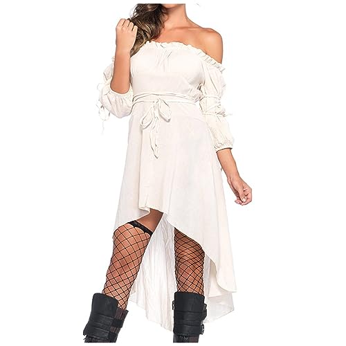 WANGTIANXUE Karneval Kostüm Damen, Faschingskostüme Damen, Mittelalter Kleidung Damen, Halloween Kostüm Damen, Frauen Cosplay Solide Langarm Sexy Eine Schulter Kleid von WANGTIANXUE