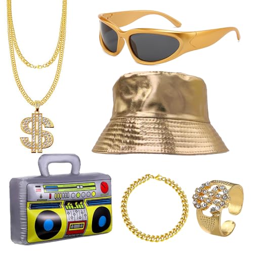 WANLIMA 6 Stück Hip Hop Kostüm Set, 80s 90s Rapper Accessories,Rapper Kette,Hip Hop Hut,Hip Hop Ketten, Hip Hop Dollar Ring,Gläser,Aufblasbare Radio,für Karneval Cosplay Kostüm partys WANLIMA 6 Stück Hip Hop Kostüm Set, 80s 90s Rapper Accessories,Rapper Kette,Hip Hop Hut,Hip Hop Ketten, Hip Hop Dollar Ring,Gläser,Aufblasbare Radio,für Karneval Cosplay Kostüm partys von SIEBOLD