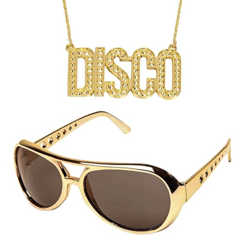 2 Stück Hippie Accessoires,Disco Party Set Gold,70er 80er 90er Jahre Outfit Herren Zubehör,Fette Gangster Kette & Brille,Schlagermove Outfit Herren für Cosplay Halloween Fasching Karneval Thema Party von WANTUSHUI