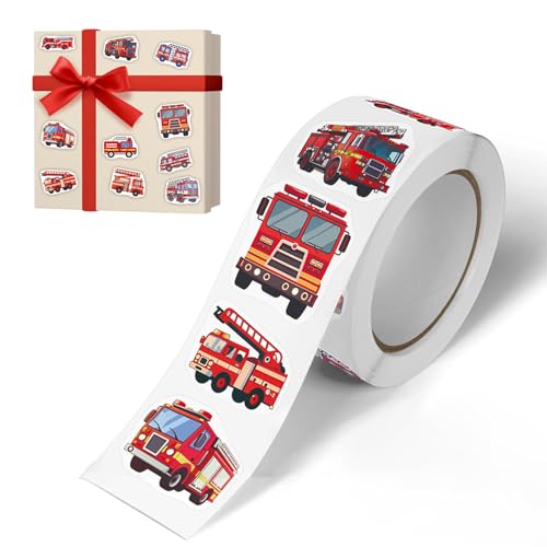 500 Stück Feuerwehrauto Aufkleberrolle Selbstklebend, Wasserfest Feuerwehr Sticker Deko, Cartoon Feuer Car Aufkleber für Kinder und Erwachsene, Geschenkpapier Feuerwehr für Gepäck Skateboard Laptop von WANTUSHUI