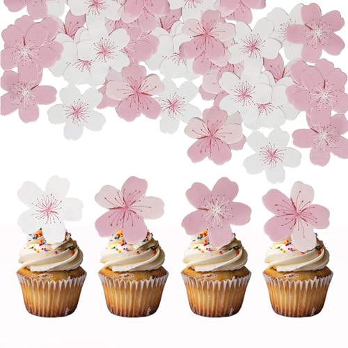 60 Stück Esspapier Blumen Cupcake,Torten Deko Essbare Blüten Kuchen,Essbare tortendeko Edible,Tortendeko Geburtstag Gänseblümchen,Kirschblüten,Tortendeko Blumen Essbar,Torte,Cake Topper Happy Birthday von WANTUSHUI