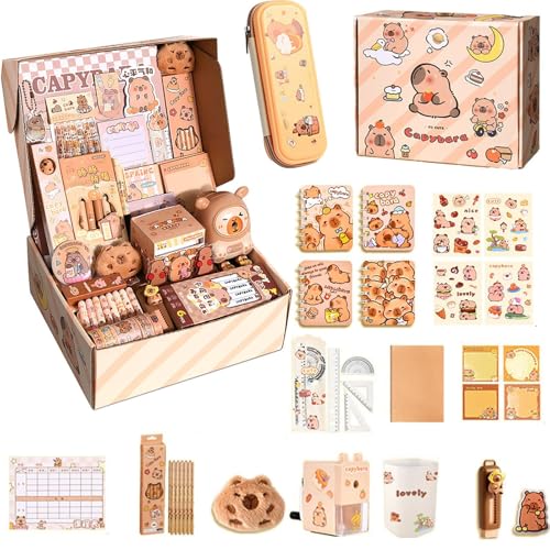 WANWEN Capybara Schreibwaren Set, Capybara Federmäppchen Set, Schreibwaren Geschenkset Mit Bleistifte, Aufkleber, Bleistiftspitzer, Rulers, Rubbers, Capybara Briefpapier Set (A) von WANWEN