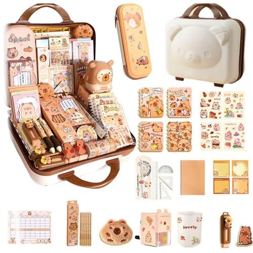 WANWEN Capybara Schreibwaren Set, Capybara Federmäppchen Set, Schreibwaren Geschenkset Mit Bleistifte, Aufkleber, Bleistiftspitzer, Rulers, Rubbers, Capybara Briefpapier Set (B) von WANWEN