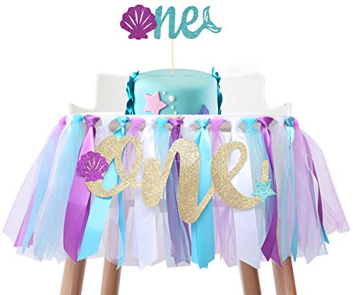 Baby-Meerjungfrauenrock zum 1. Geburtstag – Partyzubehör für Hochstuhl, Tutu-Rock, erster Geburtstag mit einem Wimpel, Kuchenaufsatz für Geburtstagsparty, Babyparty (Meerjungfrau-Geburtstags-Set) von WAOUH