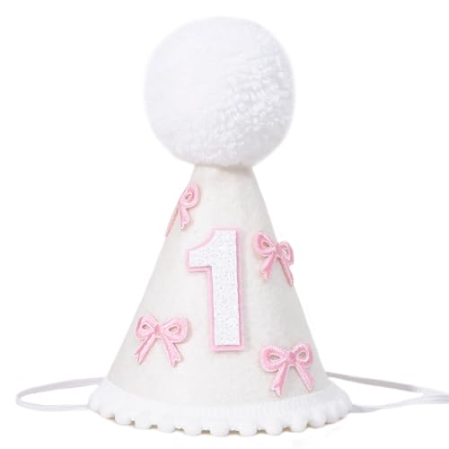Partyhut mit Schleife zum 1. Geburtstag, für Mädchen, Kuchen-Smash-Foto-Requisiten, rosa Schleife und weißer Kegelhut für erste Geburtstagsdekorationen von WAOUH