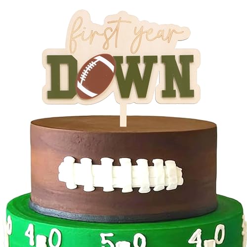 Tortenaufsatz aus Holz zum ersten Jahr – Fußball-Geburtstagsparty-Dekorationen, Fußball-Kuchenaufsatz, Sport-Motto-Party, Foto-Requisiten, First Down Holzdekorationen (dunkelgrün) von WAOUH