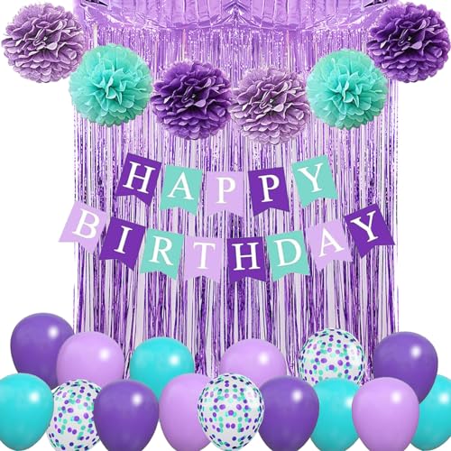 Lila Grün Geburtstag Dekorationen, lila blau Party Ballons alles Gute zum Geburtstag Banner lila türkis grün Fransen Vorhang Pompom für Mädchen Frauen Geburtstag Baby Dusche Party Dekoration von WARRENSON