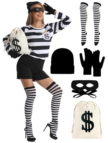 WATCPNO Einbrecher Kostüm für Damen - Bankräuber gestreiftes Hemd, Maske, Handschuhe, Tasche, Mütze & Socken, Weiß und Schwarz, XL von WATCPNO