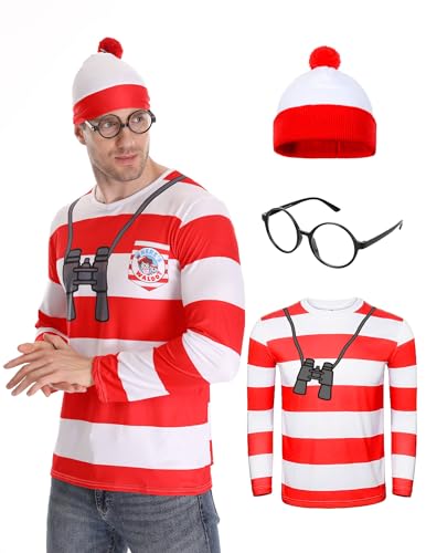 WATCPNO T-Shirt für Erwachsene, rot und weiß gestreift, für Halloween, Cosplay, lustiges Sweatshirt, Brille und Hut-Set, Rot/Ausflug, einfarbig (Getaway Solids), WALDO-L von WATCPNO