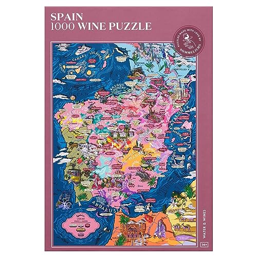 Weinpuzzle Spanien – spannendes und pädagogisches Puzzle 1000 Teile für Erwachsene – einzigartige handgezeichnete Puzzlekarte der spanischen Weine von WATER & WINES