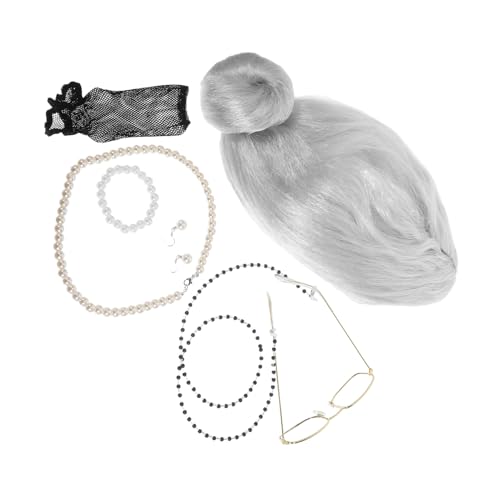 WATIIFUFU Old Lady Kostüm mit silbergrauer Vintage Perücke bunter Brille und Halskette für Damen Halloween alte Dame Verkleidung Theater Rollenspiel und Mottoparty von WATIIFUFU