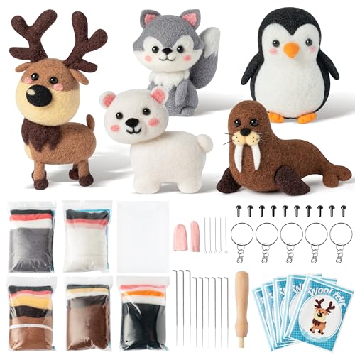 WATINC 25Pcs Polar Animal Needle Felting Starter Kit DIY Nadelarbeit Handwerk Filz Werkzeuge Filz Nadeln Schaum Matte Eisbär Pinguin Elch Seelöwe Noh Puppe Wolle Party Zubehör für Anfänger Kinder von WATINC