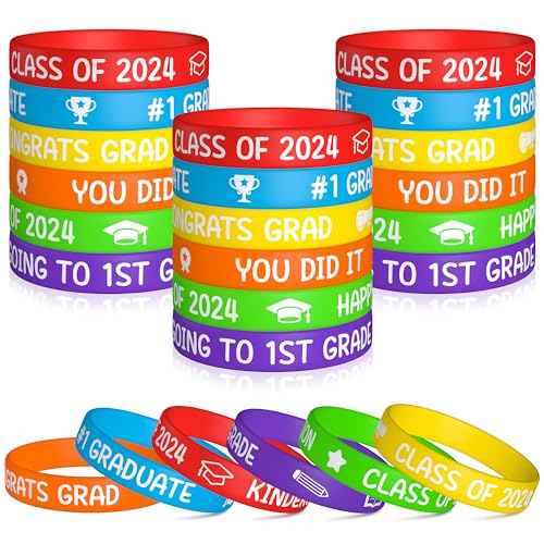 WATINC 36Pcs 2024 Graduation Silicone Bracelets for Children - Silikon Gummi Armband mit inspirierenden Motivation Zitate rot blau gelb orange grün lila Armband für Kindergarten Abschluss von WATINC