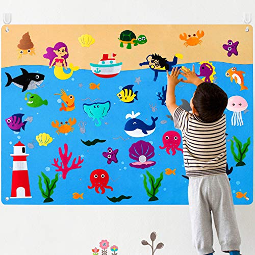 WATINC 45 Meerestier Filz Story Board Kit für Kinder Ocean World Storytelling Set Wiederverwendbares Flanell Seefischspielzeug Hängendes Lernspielzeug Geburtstagsfeier Geschenk für Jungen Mädchen von WATINC