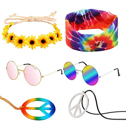 WATINC 7 Stück Hippie Kostüm Set Retro Runde rosa Sonnenbrillen Regenbogen Frieden Zeichen Halskette Sonnenblumen Blumen Kopfband Dye Stirnband Hipppy Ankleiden für 60 70er Jahre Thema Party von WATINC