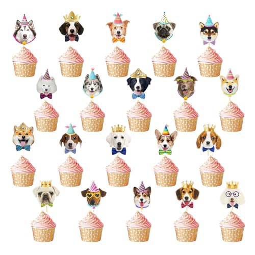 WATUNID 28Pcs Hund Cupcake Toppers, Hund Gesicht Kuchen, Hunde Geburtstag Muffin Deko, Niedliche Welpen Cupcake Deko für Haustier Thema Hundegeburtstag Party-Zubehör Baby-Dusche (20 Styles) von WATUNID