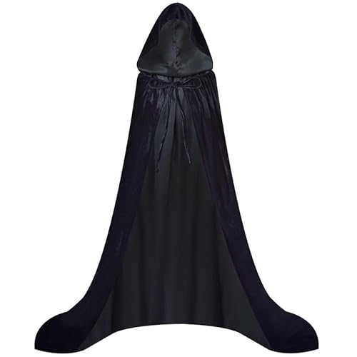 Doppelter schwarzer Samt-Umhang mit Kapuze für Damen, Halloween, schwarzer Bademantel mit Kapuze (Größe XL), Schwarz / Schwarz, Medium/55'' von WAUKN