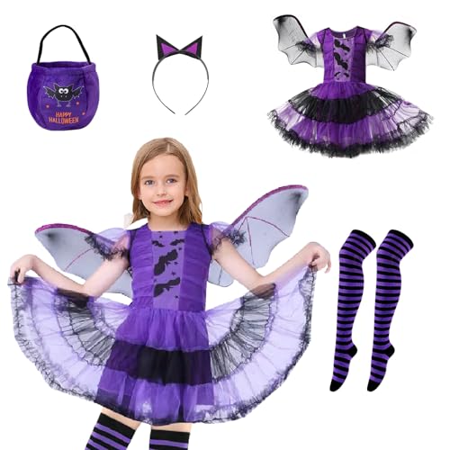 Halloween Kostüm Mädchen Fledermaus,Halloween Kostüm Mädchen,Hexe, Cosplay-Kostüm, Tutu, Kinder-Set, inklusive Rock, Stirnband, blau-lila, schwarz/schlanke Streifen, 35 Socken, Fledermaustasche-140 Halloween Kostüm Mädchen Fledermaus,Halloween Kostüm Mädchen,Hexe, Cosplay-Kostüm, Tutu, Kinder-Set, inklusive Rock, Stirnband, blau-lila, schwarz/schlanke Streifen, 35 Socken, Fledermaustasche-140 von WAVATA
