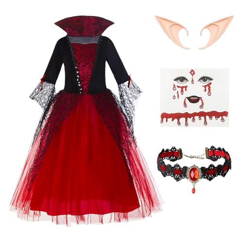 WAVRDLY Vampir-Kostüm, für Kinder, Mädchen, Vampirkleid, Halskette, Ohren-Aufkleber, Cosplay, Teufel-Prinzessin-Kostüm, Halloween-Outfits, 4 Stück von WAVRDLY