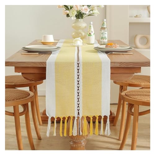 Tischläufer, Baumwolle und Leinen, kontrastierende Farben, Streifen, Weben, Tischläufer, Hochzeitstischdecke, Vintage-Quasten-Tischdecke, gelb,(33 * 200cm) von WAWPU