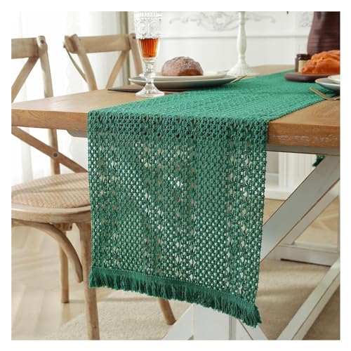 Tischläufer,Grüner Hohlgewebter Flacher Winkel Mit Quasten Quasten-Tischläufer,Rustikaler Bauernhaus-Tischläufer for Böhmischen Esstisch,Grün,(33 * 330cm) von WAWPU