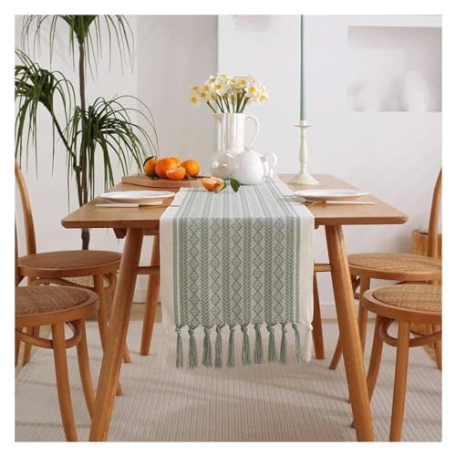 Tischläufer,geometrisches Dreiecksmuster, flacher Winkel mit Quasten, Tischläufer, Polyester-Tischdekoration for Feiertagspartys und den täglichen Gebrauch, grün,(33 * 200cm) von WAWPU