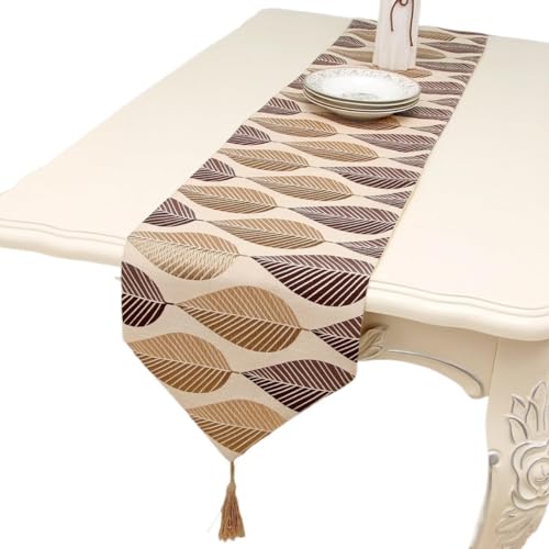 WAWPU Tischläufer, Boho-Tischläufer aus Blatt-Jacquard-Baumwolle und Leinen mit Quasten, rustikaler Bauernhaus-Tischläufer for böhmischen Esstisch, Kaffee,(32 * 160cm) von WAWPU