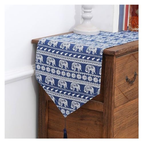 WAWPU Tischläufer, Ethno-Stil, Baby-Elefant-Muster, dreieckiges Design, Quasten, Tischläufer-Dekorationen, rustikaler Bauernhaus-Tischläufer, blau,(30 * 180cm) von WAWPU