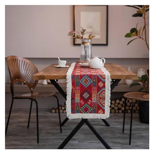 WAWPU Tischläufer,Leichter Luxus-Tischläufer Langer Streifen - Farbige Rautengitter-Tischdecke Aus Baumwolle Und Leinen,Modisches Flachwinkeldesign Mit Quasten,Rot,(30 * 120cm) von WAWPU