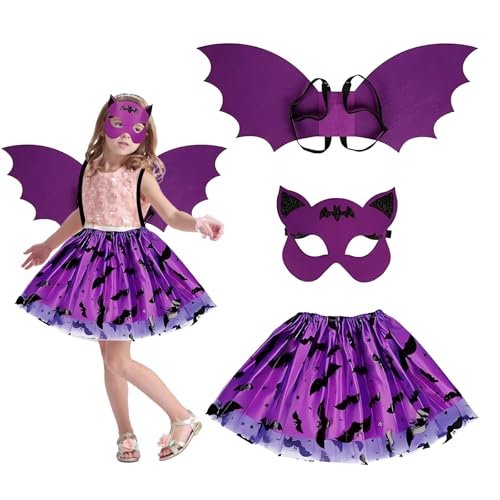 WAYBWZDQ Halloween Fledermaus Kostüm Kinder, Fledermauskostüm Mädchen mit Maske, Tutu, Fledermausflügel, Vampirfledermaus Fledermaus Outfit Violett Kinder für Halloween, Party, Cosplay WAYBWZDQ Halloween Fledermaus Kostüm Kinder, Fledermauskostüm Mädchen mit Maske, Tutu, Fledermausflügel, Vampirfledermaus Fledermaus Outfit Violett Kinder für Halloween, Party, Cosplay von WAYBWZDQ