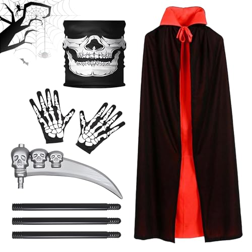 Halloween Sensenmann Kostüm Erwachsene, Vampir Kostüm mit Skelett Gesichtstuch, Plastiksense, Skelett Handschuhe, Umhang, Halloween Kostüm Kinder Herren Damen Unisex für Cosplay (Schwarz Rot) Halloween Sensenmann Kostüm Erwachsene, Vampir Kostüm mit Skelett Gesichtstuch, Plastiksense, Skelett Handschuhe, Umhang, Halloween Kostüm Kinder Herren Damen Unisex für Cosplay (Schwarz Rot) von WAYBWZDQ