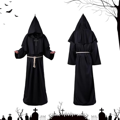 WAYBWZDQ Mönch Robe Kostüm Mönch Priester Gewand Kostüme Herren Mönchskutte Umhang, Mönch Priester Robe Kostüm Schwarz mit Kapuze und Kreuz Halskette, für Halloween Cosplay Karneval WAYBWZDQ Mönch Robe Kostüm Mönch Priester Gewand Kostüme Herren Mönchskutte Umhang, Mönch Priester Robe Kostüm Schwarz mit Kapuze und Kreuz Halskette, für Halloween Cosplay Karneval von WAYBWZDQ