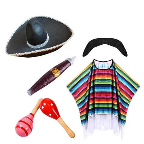 WAZHAKU Mexikaner Kostüm Herren Set 6 Stück Mexikanischer Poncho Mexikanischer Herrenhut Zigarre Bart Sonnenbrille Shaker 6-teiliges Set für Männer Mexiko Karneval Mottoparty Karneval Party von WAZHAKU