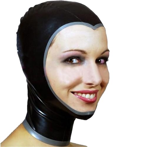WBAODAN Gummihaube für Erwachsene Halloween Cosplay Schwarze Latexhaube mit Sichtbarem Reißverschluss auf der Rückseite(Size:L-60CM) von WBAODAN