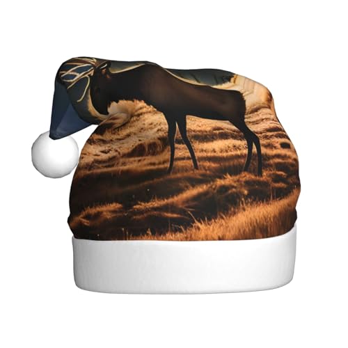 WBQLSL 39,9 cm große Unisex-Weihnachtsmann-Plüschmütze, Weihnachten, Neujahr, Party, Weihnachtsmannmütze, Elch auf der Wiese, universelle Weihnachtsmütze für Erwachsene von WBQLSL