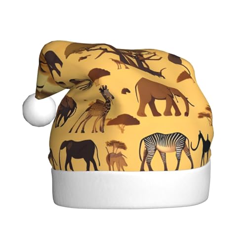 WBQLSL Afrikanische Graslandtiere Erwachsene Weihnachtsmütze 39,9 cm hoch Plüsch Weihnachtsmütze Unisex dekorative Mütze Weihnachtsmann Weihnachten Halloween Party von WBQLSL