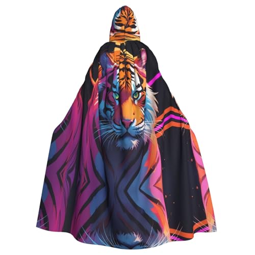 WBQLSL Erwachsenen-Cosplay-Umhang, Neon-Tiger-Streifen, gemusterter Hexenmantel, Männer und Frauen, Halloween, Abschlussball, Party, Kapuzenumhang von WBQLSL