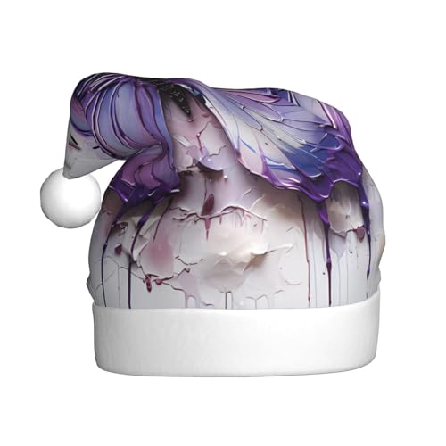 WBQLSL Lila Ölgemälde Schmetterling Erwachsene Weihnachtsmütze 39,9 cm hoch Plüsch Weihnachtsmütze Unisex dekorative Mütze Weihnachtsmann Weihnachten Halloween Party von WBQLSL