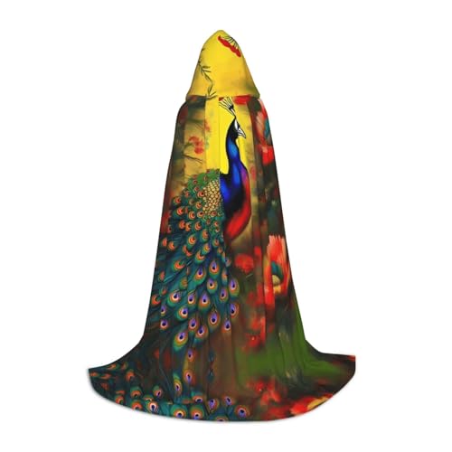 WBQLSL Umhang mit Pfauenblumen, bedruckt, mit Kapuze, Cosplay-Kostüm, Halloween-Party-Requisite, Größe S/M/L von WBQLSL