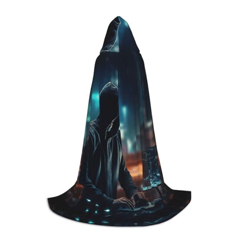 WCXTHGFA Hacker-Angriffs-Druck, Halloween-Kostüm, mittelalterlicher Umhang mit bequemer Kapuze, für Cosplay, Partys und mehr von WCXTHGFA