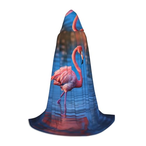 WCXTHGFA Halloween-Kostüm, Flamingo im Wasser, geriffelter Druck, mittelalterlicher Umhang mit bequemer Kapuze, für Cosplay, Partys und mehr von WCXTHGFA