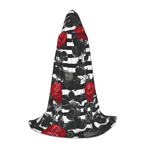 WCXTHGFA Halloween-Kostüm, schwarz-weiße Streifen, rote Rosen, Blumenmuster, mittelalterlicher Umhang mit bequemer Kapuze, für Cosplay, Partys und mehr von WCXTHGFA