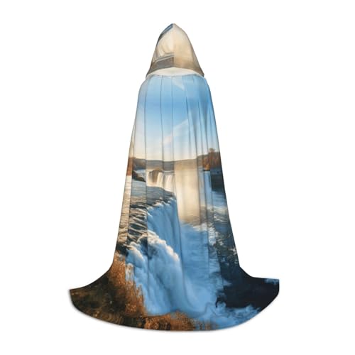 WCXTHGFA Island-Wasserfall-Flussfeld, Sonnenuntergang, Halloween-Kostüm, mittelalterlicher Umhang mit bequemer Kapuze, für Cosplay, Partys und mehr von WCXTHGFA