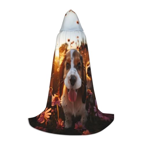 WCXTHGFA Süßer Basset Hound Blumendruck, Halloween-Kostüm, mittelalterlicher Umhang mit bequemer Kapuze, für Cosplay, Partys und mehr von WCXTHGFA