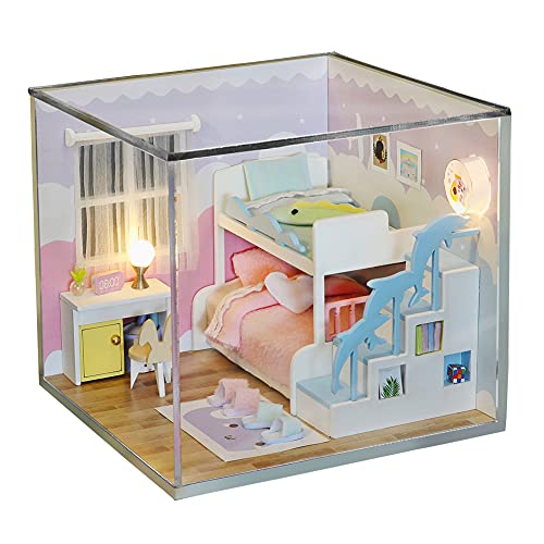 WDC 9 Kombinierbare Puppenhäuser, Makron-Farbbausatz, DIY-Puppenhaus, Holzmöbel-Kit mit Staubschutz, Überraschungsgeschenke (zweites Schlafzimmer) von WDC