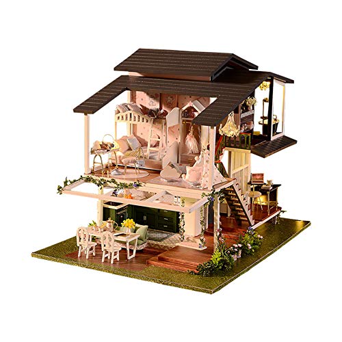 WDC Miniatur-Puppenhaus aus Holz, französische Romantische Gartenvilla, Modell, 3D, zusammengebaut, Basteln, Spielzeughaus mit Staubschutz für Freunde von WDC