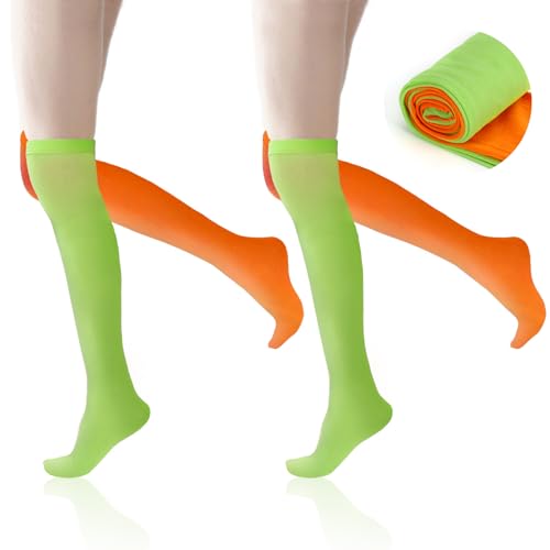 4 Stück /2 Paare Overknee Strümpfe Orange Grün Überkniestrümpfe Kniestrümpfe Thigh High Socks für Erwachsene Karneval Halloween Fasching Mottoparty Verkleidung Theater von WDFCN
