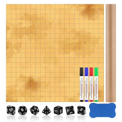 Dungeon Grid Game Mat 50x50cm Trockenlöschmatte für DND Zubehör mit 4 Trocken Abwischbare Marker 7 Würfel 1WhiteboardRadierer für Kriegsspiele Brettspiele Accesorie von WDFCN