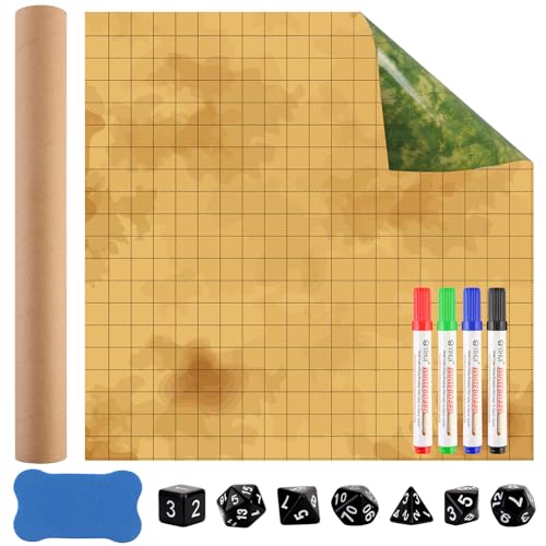 Dungeon Grid Game Mat Doppelseitige RPG Matte 50x50cm Trockenlöschmatte Würfel für DND Zubehör mit 4 Trocken Abwischbare Marker 1WhiteboardRadierer 7 Würfel für Kriegsspiele Brettspiele Accesorie von WDFCN