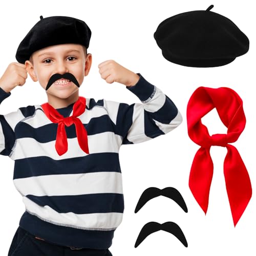WDFCN 4 Stück Französisches Kostüm Satz Baskenmütze Schwarz 2 Schnurrbart Seidentuch Chiffon Selbstklebend Bandana Halstuch Mütze für Karneval Mottoparty Mann Frau Cosplay WDFCN 4 Stück Französisches Kostüm Satz Baskenmütze Schwarz 2 Schnurrbart Seidentuch Chiffon Selbstklebend Bandana Halstuch Mütze für Karneval Mottoparty Mann Frau Cosplay von WDFCN